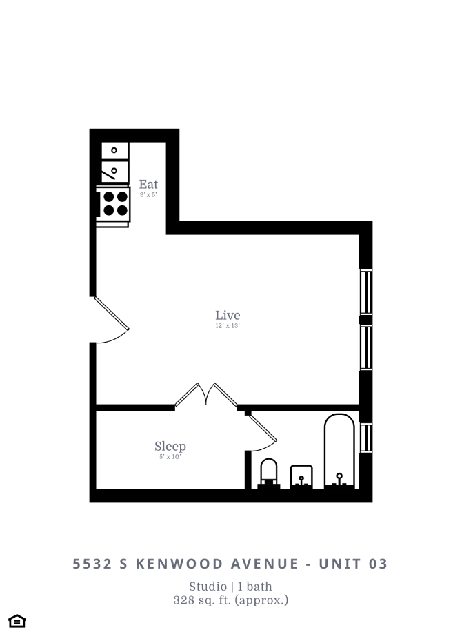 Floor plan for studio, 1 bath, 328 sqft